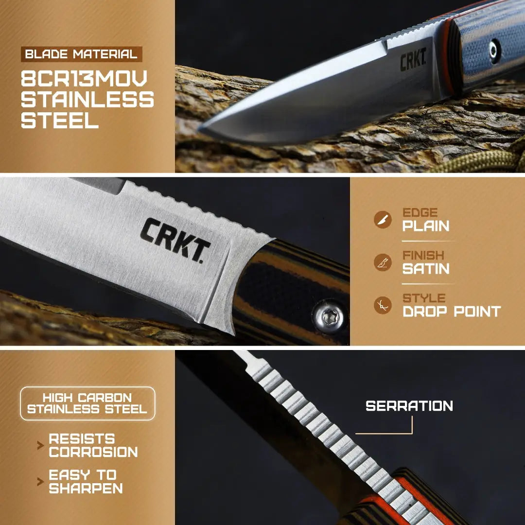CRKT Biwa Fixed Blade Knife Rugged 3In Satin 8Cr13MoV Blade Full Tang G10 Outdoors EDC by CRKT