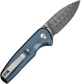 Civivi Mini Shakan Button Lock Knife With Premium Damascus Drop Point Blade And Blue Aluminum Handle For EDC by Civivi