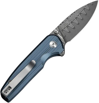 Civivi Mini Shakan Button Lock Knife With Premium Damascus Drop Point Blade And Blue Aluminum Handle For EDC by Civivi