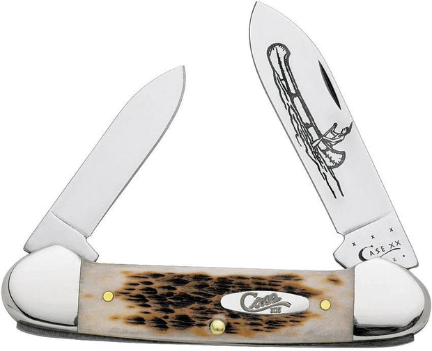 Case Cutlery Canoe Amber Bone Handles Knife 3 5/8 Closed For Knife Collectors Featuring Indian In Canoe Etching by Case Cutlery
