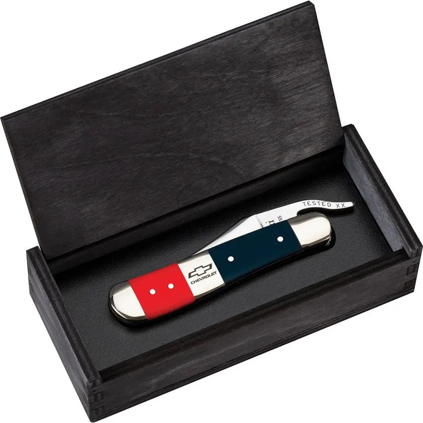 Case Cutlery Chevrolet Russlock Knife 4.25In One Hand Clip Blade Red Blue Handle Gift Boxed Collectors by Case Cutlery