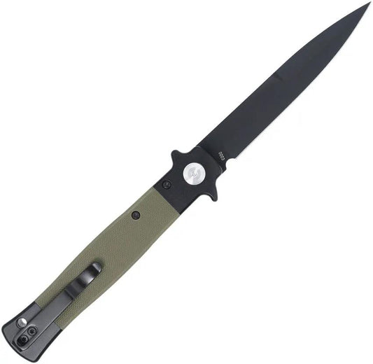 Cobratec Knives Stiletto Button Lock Knife 5 Inch Closed 4 Inch Black VG10 Blade OD Green G10 Handle For EDC Enthusiasts by Cobratec Knives