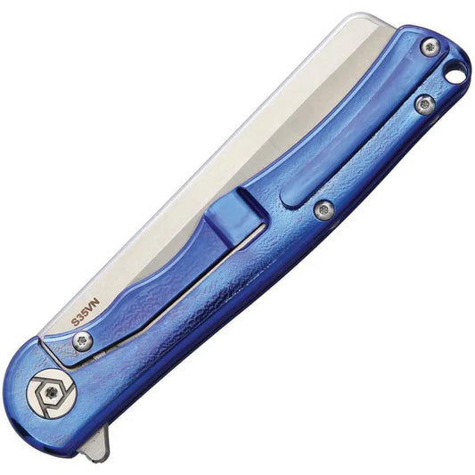 CH Knives Man Framelock Blue Titanium Handle EDC Knife With S35VN Satin Blade 3.5 Inch Extended Tang Lanyard Hole Clip by CH KNIVES