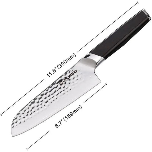 Coolhand Santoku Knife 12 Inch Overall Ebony Handle 7 Inch Hammered 440C Blade For Home Cooks And Enthusiasts by Coolhand