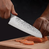 Coolhand Santoku Knife 12 Inch Overall Ebony Handle 7 Inch Hammered 440C Blade For Home Cooks And Enthusiasts by Coolhand