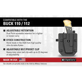 Buck 110 112 Lockback Sheath Black Kydex Carry Clip Adjustable Retention Fits Belts Up To 1.75 For EDC Enthusiasts by Clip & Carry