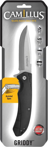 Camillus Griddy Linerlock Assisted Opening Knife Black TPR Handle Three And A Quarter Inch Satin 420 Stainless Drop Point Blade For EDC by Camillus