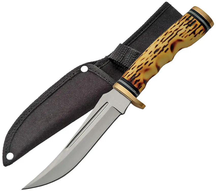 Hunting Knife Upswept Hunter 9.25in Stainless Blade Imitation Stag Handle Brass Guard Belt Sheath For Outdoorsmen by China Made