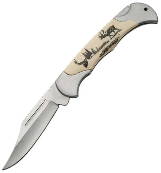Deer Lockback Knife For Outdoor Enthusiasts With White Synthetic Handles And Outdoor Scene Artwork, 3.125in Clip Blade by China Made
