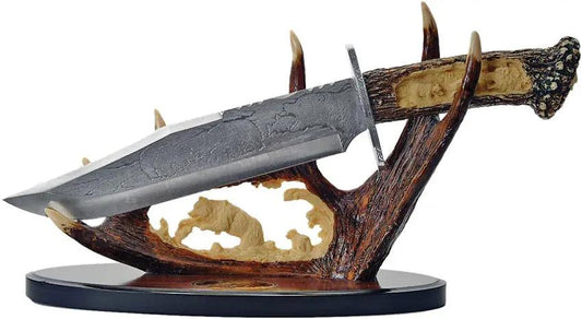 Bowie Knife For Collectors With Bear Blade Artwork And Display Stand 15.25in Stainless Steel Blade Imitation Stag Handle by China Made