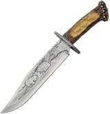 Bowie Knife For Collectors With Bear Blade Artwork And Display Stand 15.25in Stainless Steel Blade Imitation Stag Handle by China Made