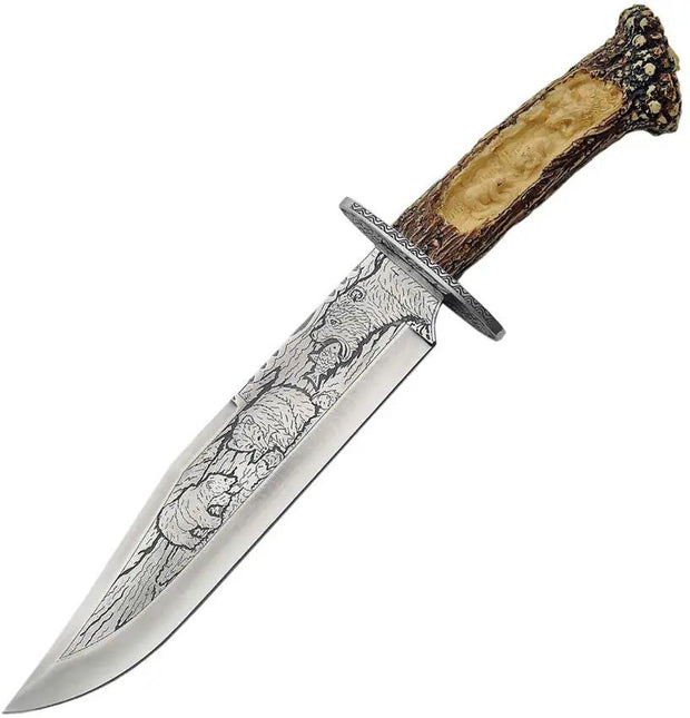 Bowie Knife For Collectors With Bear Blade Artwork And Display Stand 15.25in Stainless Steel Blade Imitation Stag Handle by China Made