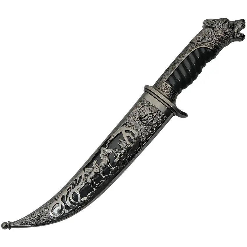 Wolf Pack Dagger 211471 WSL Satin Stainless Blade 7.38in Wolf Pommel Black Pewter Handle Scabbard Collector Knife by China Made