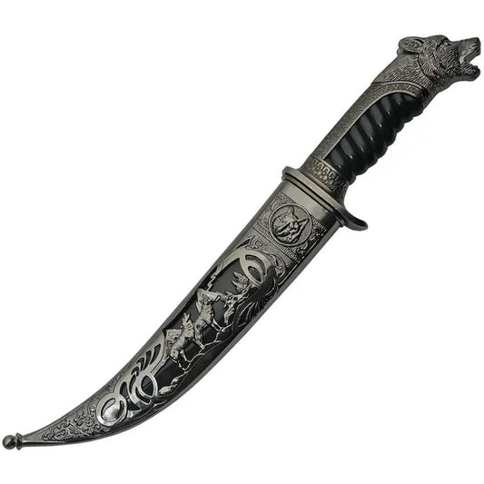 Wolf Pack Dagger 211471 WSL Satin Stainless Blade 7.38in Wolf Pommel Black Pewter Handle Scabbard Collector Knife by China Made