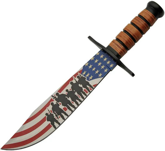 Bowie Knife 14 Inch American Flag Blade Artwork With Stacked Leather Handle And Display Stand For Collectors by China Made