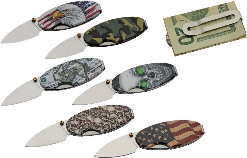 Rite Edge Money Clip Linerlock 24 Piece Set - Assorted Ghost Skull Camo Patriotic Eagle Dollar Bill Patterns by Rite Edge