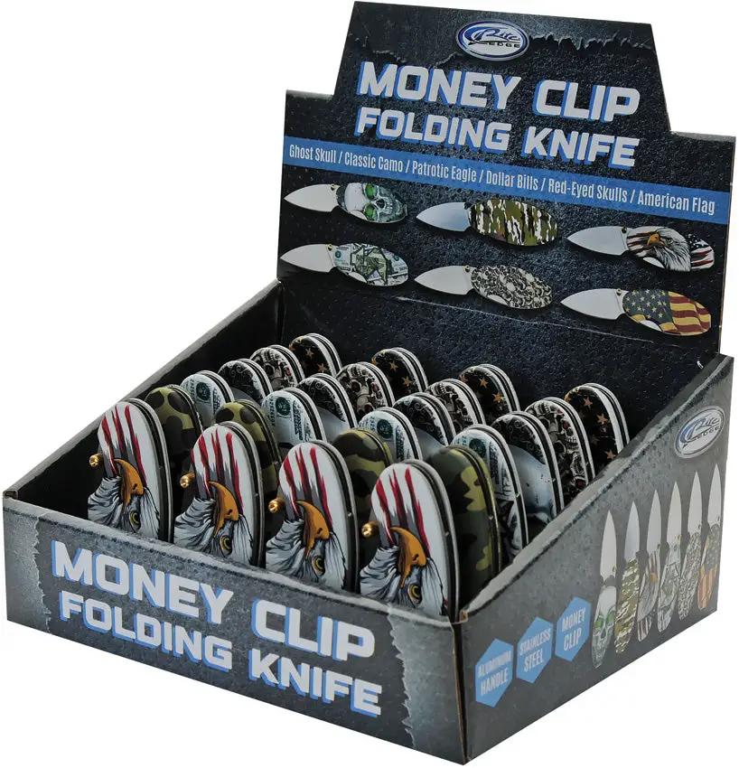 Rite Edge Money Clip Linerlock 24 Piece Set - Assorted Ghost Skull Camo Patriotic Eagle Dollar Bill Patterns by Rite Edge