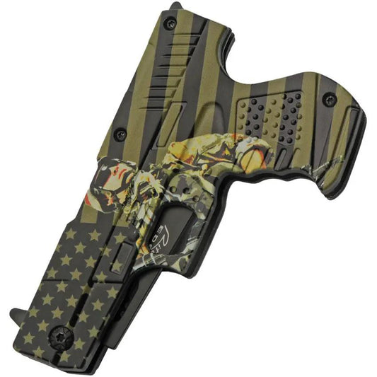 Rite Edge Gun Linerlock Soldier Knife - Assisted Opening With Black Finish Blade And Green ABS Handle by Rite Edge