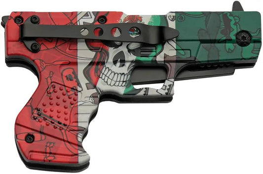 Rite Edge Gun Linerlock Assisted Opening Mexico Knife - Black Stainless Blade Abs Handle Skull Flag Artwork by Rite Edge