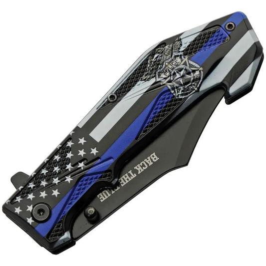 Rite Edge Back The Blue Linerlock Assisted Opening Knife Black Finish Clip Point Blade ABS Handle by Rite Edge
