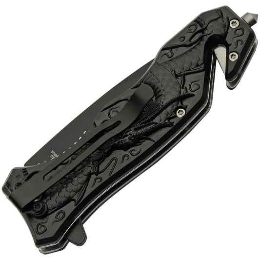 Rite Edge Dragon Linerlock Assisted Opening Knife - Gold Dragon Handle, Belt Cutter, Glass Breaker, Black Blade by Rite Edge