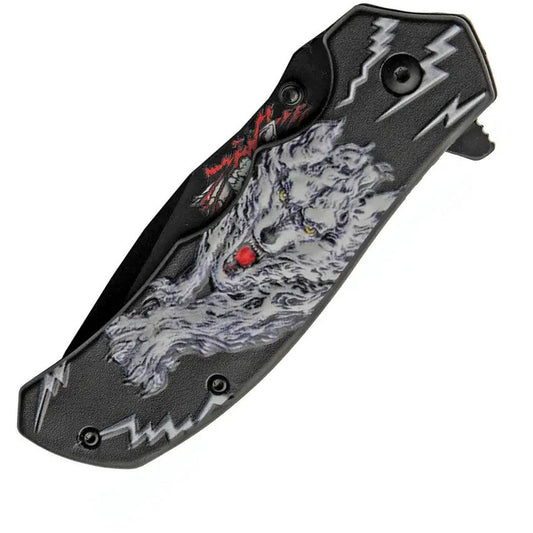 Rite Edge Linerlock White Wolf Knife - 4.75 Closed 3.5 Inch Black Stainless Blade With White Wolf Artwork by Rite Edge