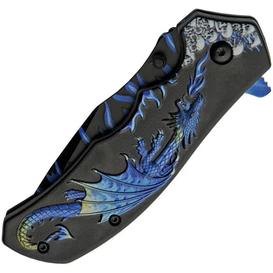 Rite Edge Dragon Flame Linerlock Knife - Assisted Opening With Blue Flame Blade Artwork And Black Handle by Rite Edge