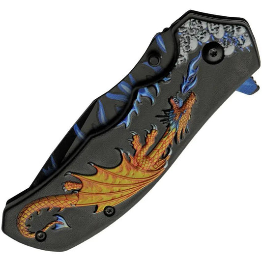Rite Edge Dragon Flame Linerlock AO - Assisted Opening Folding Knife With Blue Flame Blade And Gold Dragon Artwork by Rite Edge