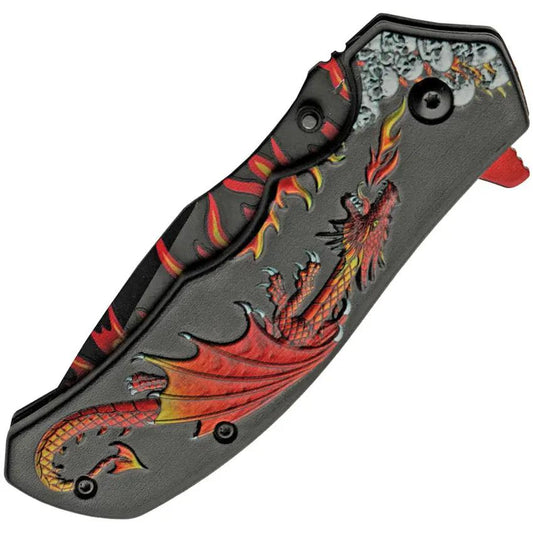 Rite Edge Dragon Flame Linerlock AO Knife - Orange Flame Blade Artwork With Black Dragon Handle by Rite Edge