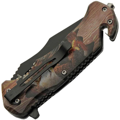 Rite Edge Wildlife Linerlock Eagle A O - Belt Cutter Glass Breaker Extended Tang Brown ABS Handle Black Stainless Blade by Rite Edge