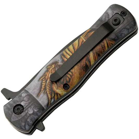 Rite Edge Dragon Linerlock Knife - Black Stainless Blade With Dragon Artwork And Extended Tang Pocket Clip by Rite Edge