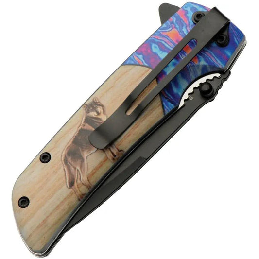 Rite Edge Voodoo Linerlock Wolf Knife - Assisted Opening, 4.5 Inch Closed, Black Blade, Wolf Artwork ABS Handle by Rite Edge