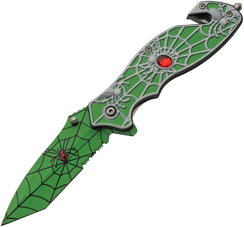 Spider Web Linerlock Knife With Assisted Opening And Partially Serrated Green Tanto For EDC Enthusiasts by China Made