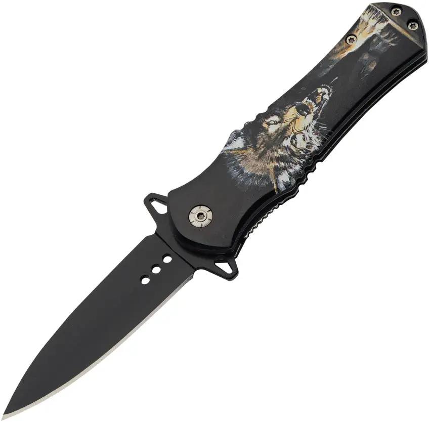 Assisted Opening Folding Knife Wolf Linerlock Three Point Five Inch Black Stainless Blade ABS Handle Wolf Artwork Rugged EDC Ready by China Made