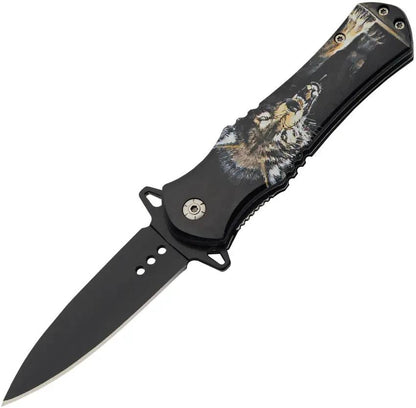 Assisted Opening Folding Knife Wolf Linerlock Three Point Five Inch Black Stainless Blade ABS Handle Wolf Artwork Rugged EDC Ready by China Made