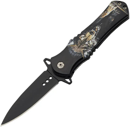 Assisted Opening Folding Knife Wolf Linerlock Three Point Five Inch Black Stainless Blade ABS Handle Wolf Artwork Rugged EDC Ready by China Made