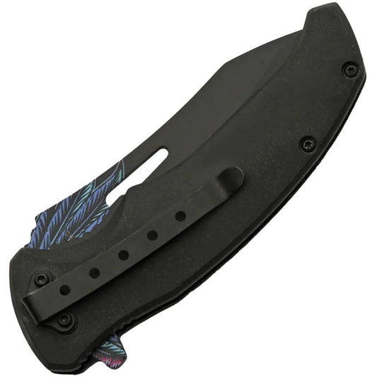 Skull Liner Lock Knife Assisted Opening 3.75in Black Blade ABS Handle Premium Feather Skull Artwork For Collectors by China Made