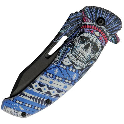 Skull Liner Lock Knife Assisted Opening 3.75in Black Blade ABS Handle Premium Feather Skull Artwork For Collectors by China Made