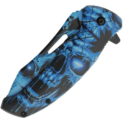 Skull Linerlock Knife With Assisted Opening Blue Artwork 3D Skull Handle Pocket Clip Collectors by China Made