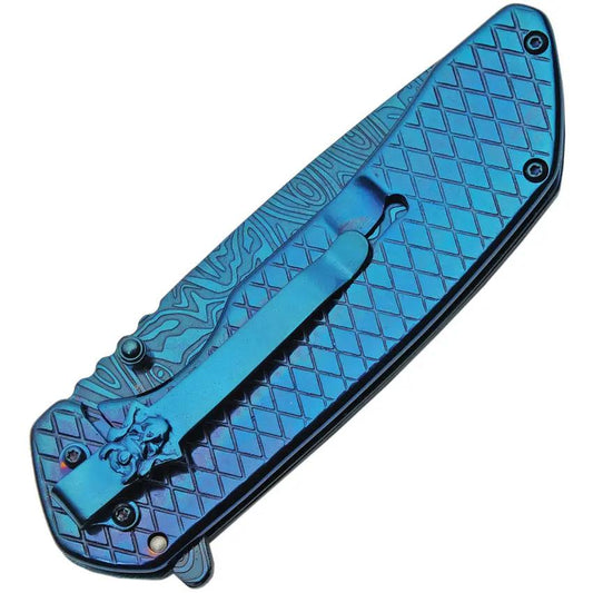 Samurai Framelock Knife Blue Titanium Coated Blade 3.5In, 4.75In Closed, Extended Tang, EDC Collectors by China Made