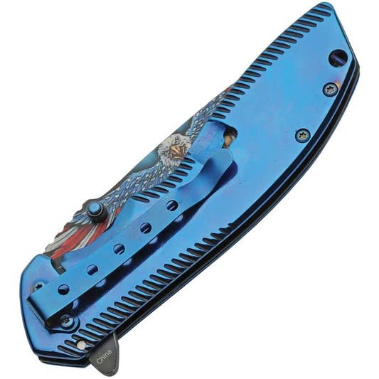 Assisted Opening Folding Knife Linerlock With Blue Titanium Finish US Flag Inlay 4.75in Closed For EDC Enthusiasts by China Made