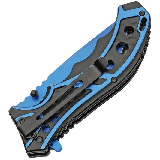 Rite Edge Caution Linerlock Blue Aluminum Folding Knife - Assisted Opening, Stainless Blade, Lanyard Hole, Pocket Clip by Rite Edge