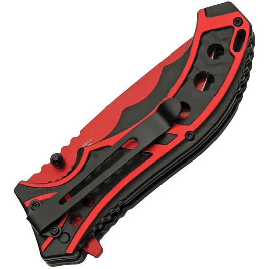 Rite Edge Caution Linerlock Auto Open Knife - Red Stainless Blade With Black And Red Aluminum Handle by Rite Edge