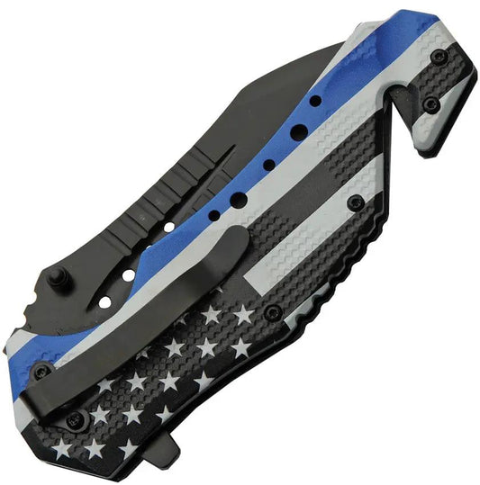 Rite Edge Police Flag Linerlock Knife - 5 Inch Closed, 4 Inch 3Cr13 Stainless Blade, Black Aluminum Handle, Belt Cutter by Rite Edge