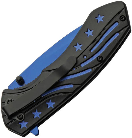 Rite Edge Blue Stars Linerlock - Blue TiNi Coated 3Cr13 Blade With Black Blue Aluminum Handle And Pocket Clip by Rite Edge