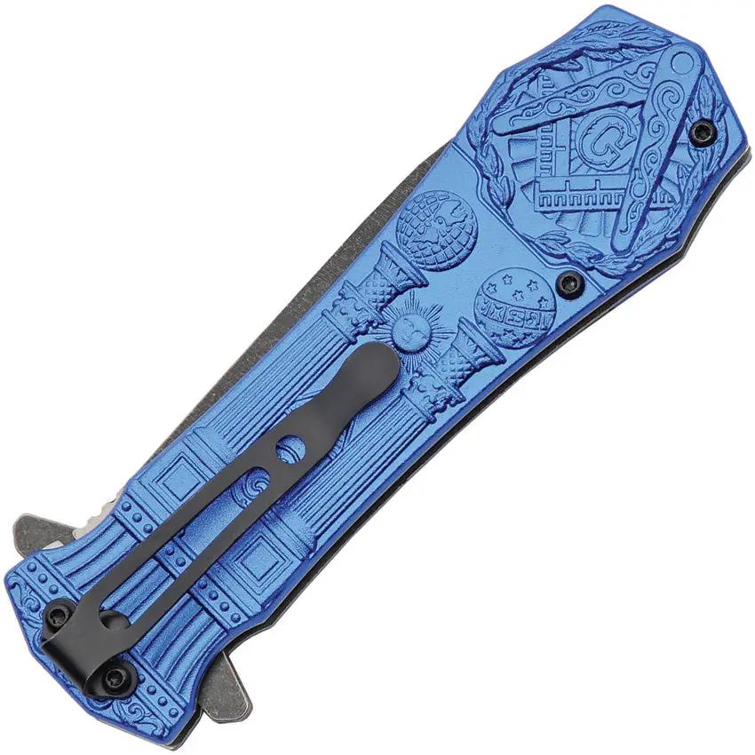 Masonic Secrets Linerlock Knife For Collectors Blue Gray Sculpted Zinc Handle 420 Stainless Blade Extended Tang by China Made