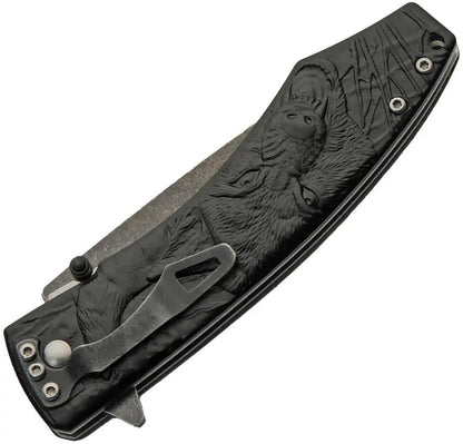 Rite Edge Dark Moon Linerlock Assisted Opening Knife Red Moon Wolf Artwork - 4.75in Closed, 3.38in 420 Stainless Blade by Rite Edge