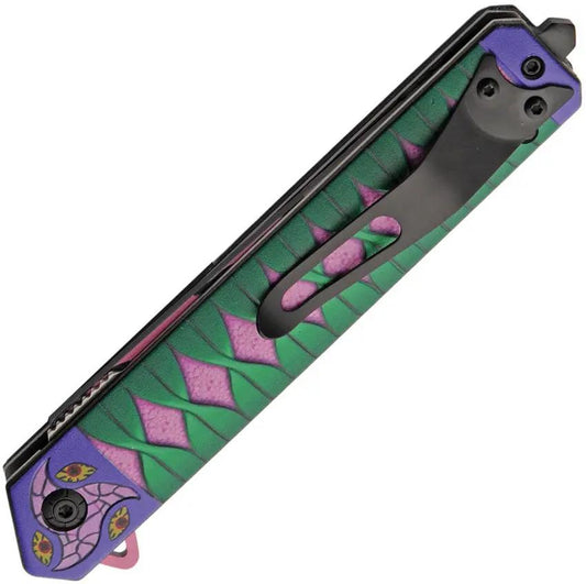 Rite Edge Kokushibo Linerlock Assisted Opening Knife - Pink And Green Aluminum Handle Glass Breaker Pocket Clip by Rite Edge