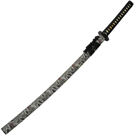 Snarling Wolf Katana 1045 Carbon Steel 30in Blade Black Cord Wrapped Handle Wolf Print PVC Scabbard Collector Sword by China Made