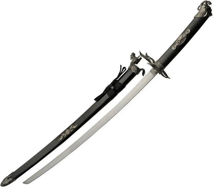 Dragon Warrior Sword With Display Stand For Collectors Satin Carbon Steel Blade Black Wood Handle Premium by China Made
